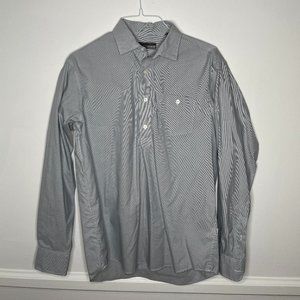 oobe brand 3/4 button down top with tiny grey lines or pinstripe